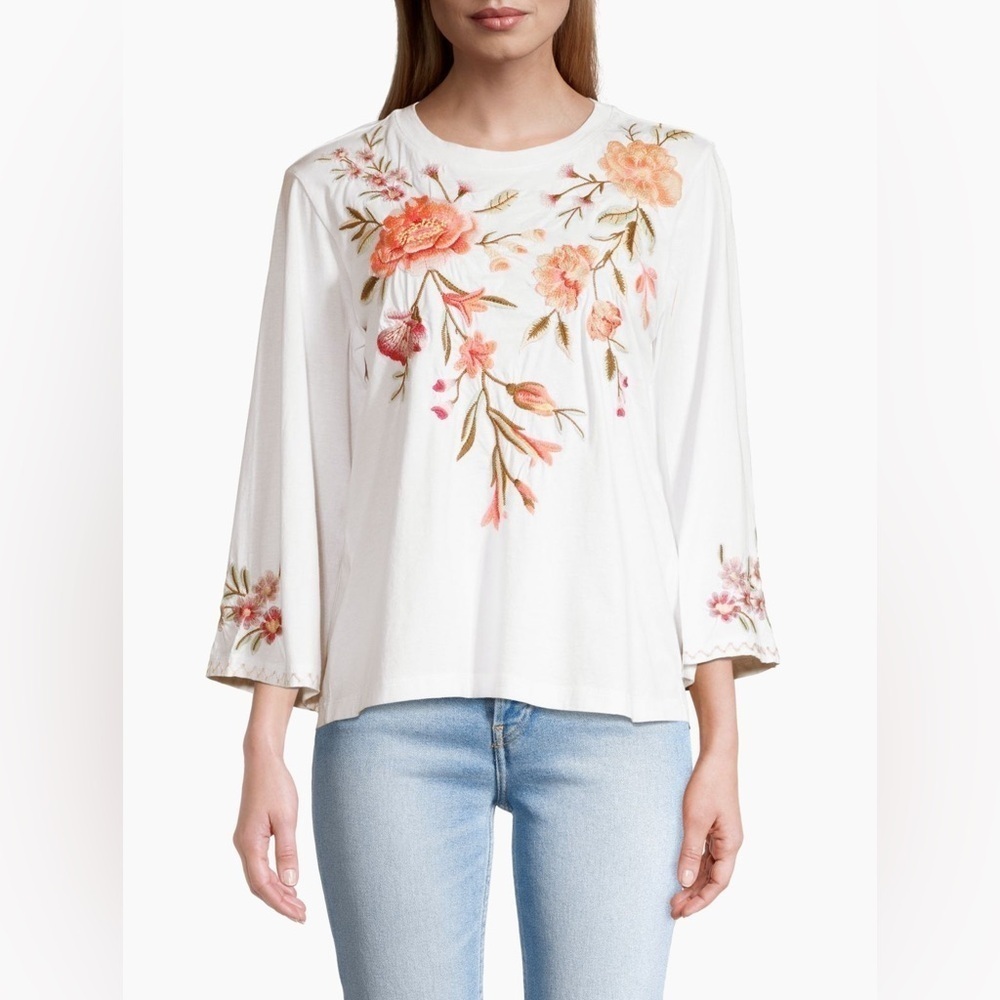 Johnny Was Vienna Floral Embroidered Long Kimono Sleeve Tee- Still Full Price